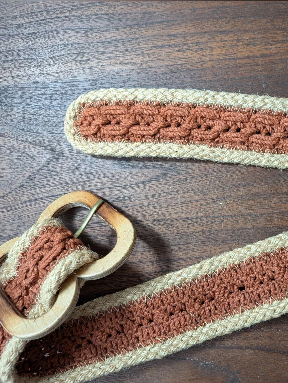Bohemian Woven Belt With Wooden Buckle Tan Cream Color